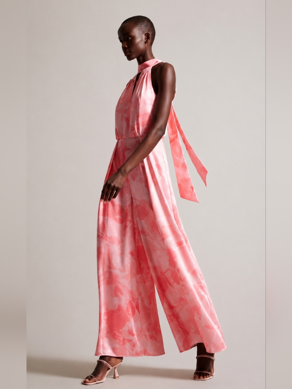 Ted Baker Pink Halter Tie-Back Wide-Leg Jumpsuit